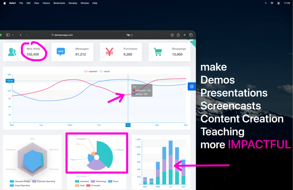 DemoPro annotation overlay showing freehand strokes and an arrow over a desktop