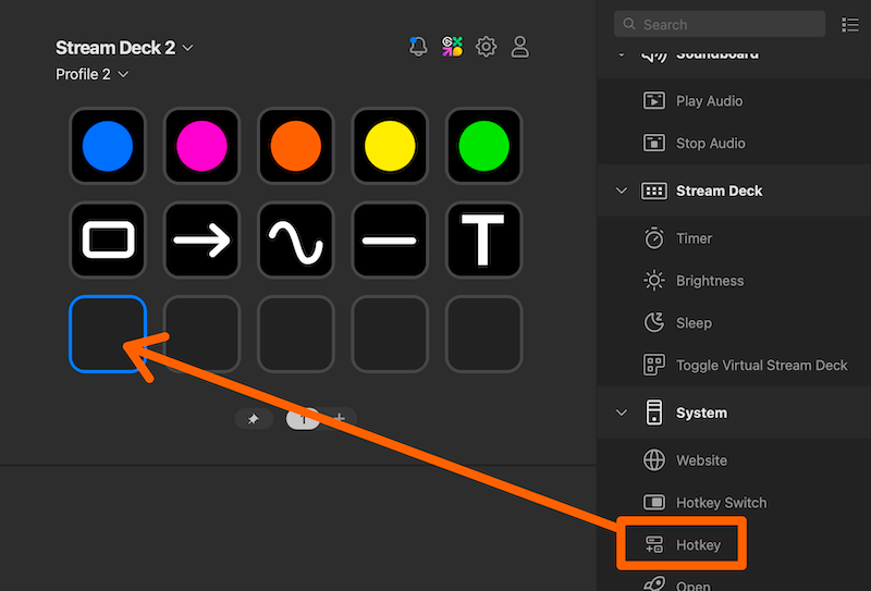 The Stream Deck app with the Hotkey action highlighted in the System section of the actions list, being dragged onto an empty key