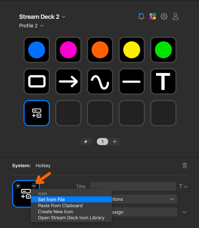 The Stream Deck key icon menu open, showing the Set from File option highlighted